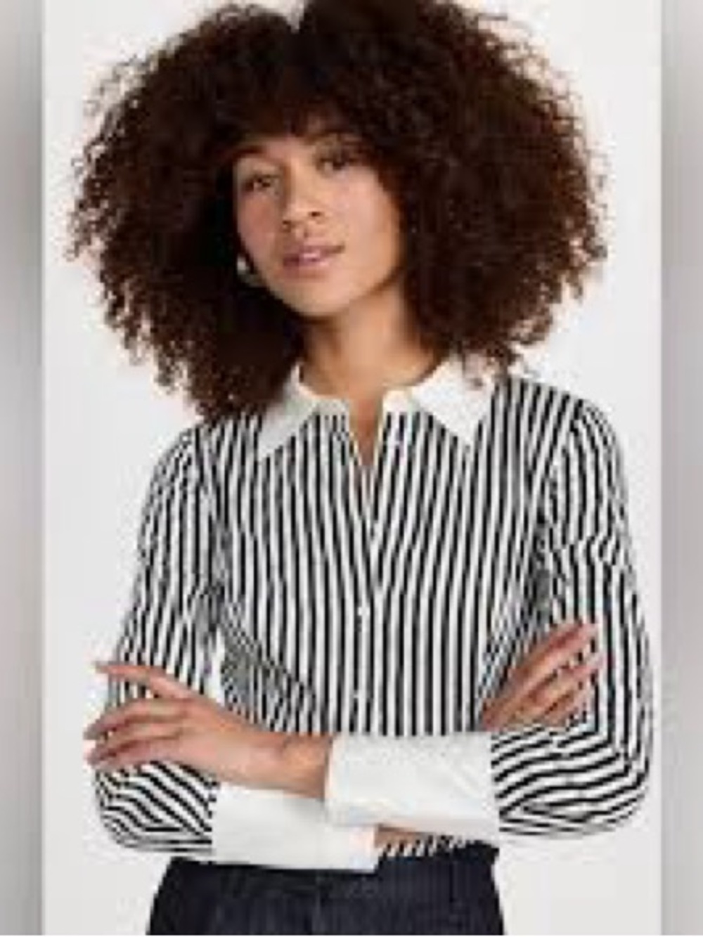 Alice + Olivia Black and White Striped Contrast Cuff Button Blouse